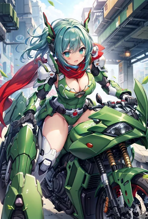 (masterpiece:1.2), best quality, high resolution, extremely detailed CG, absurdres, highres,1girl, solo, black and green powersuit, white armor, on a cyber motorcycle, thighs, cleavage, blue_hair,  red_scarf, mecha_armored, mecha_belt, headgear