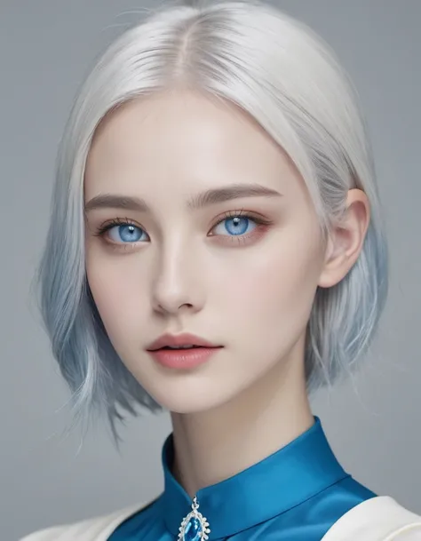 Bone white hair dull blue eyes , thin jaw and a blue gem on the forehead 