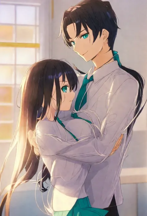 (masterpiece)(best quality)(1girl and 1boy),(1boy with ikemen and tall and long hair)(1girl with black hair and large breasts and very long hair and teal eyes and kawaii)school uniform, tie (class room)22s game style(couple)