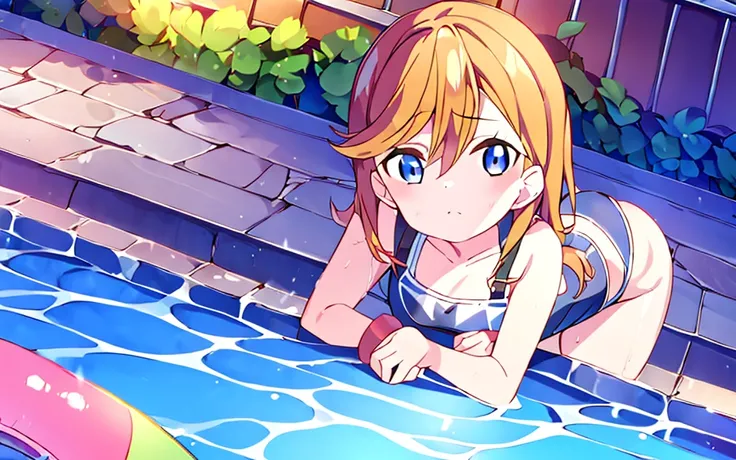 1 girl  Blue  eye  Twin tell hair tsurime Swimsuit bikini lying on the pool side  side on the bikini