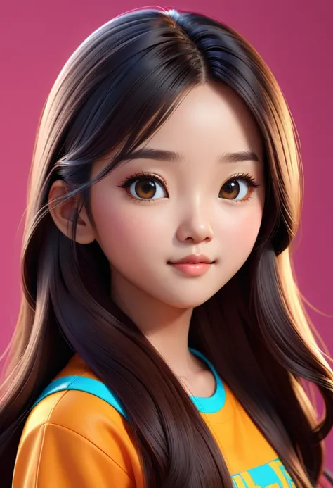 A cute girl, 3D cartoon character, vivid color, portrait, super sharp, super detailed, girl with long hair, Asian , ((face look at  camera))
