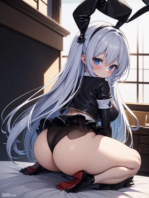 (huge ass:1.4), (On knees:1.4), (behind:1.1), (crotch focus:1.1), (looking back:1.1), ((bunny suit, bunny ears, black swimsuit, elbow gloves, black gloves, black micro skirt, black tights)), Bed