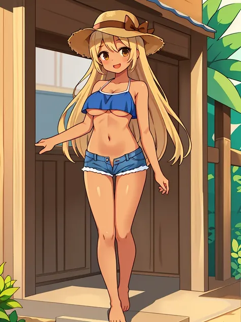 girl，（masterpiece，Highest quality），Street，(Brown Skin)，(Completely naked)，Bare shoulders、hat、Gal，Brown eyes、Blonde、smile、passionate、hat、Swimwear，long hair、(Underboob)，Big Breasts，Cleavage，Micro Camisole、looking at the camera、shoes、Micro Mini Denim Shorts，s...