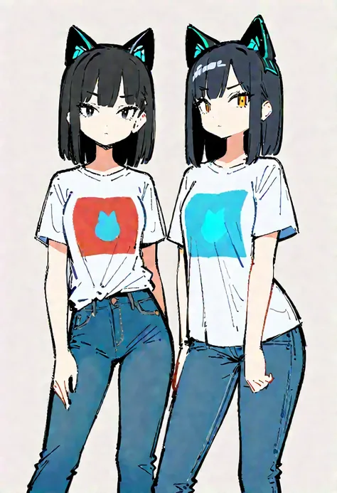 ((Anxious look)) ,(Thick painting style),Bold line, ((masterpiece,)),(((Highest quality))),(sketch),((Girls in their 20s)),Short black hair,Black cat ears,T-Shirts,jeans