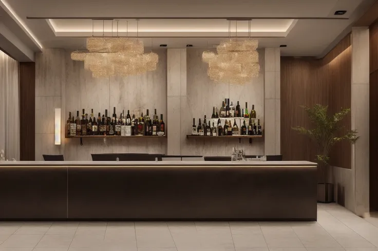 Highly detailed modern hotel lobby with lobby bar, dark in tone, Understated sophistication, Hotel Design, Point lights, 8K resolution, high quality, Realistic, 