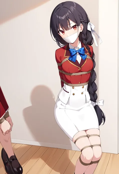 suzunehorikita, suzune horikita, long hair, black hair, (red eyes:1.3), hair ribbon, braid,
BREAK bow, , jacket, bowtie, blue bowtie, blazer, (red blazer:1.5), skirt, long white skirt, pencil skirt, high-waist skirt,long skirt,shoes
BREAK indoors, classroo...