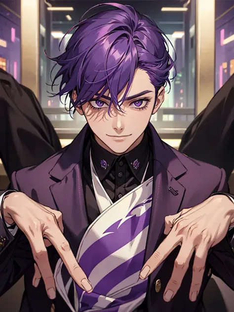 There is a young man with purple hair looking at the camera. He is handsome. He is wearing a dark suit. He has purple eyes. He has a beautiful smile.