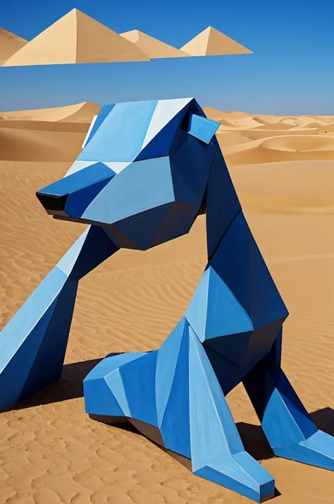 Mistical blue dog in desert cubism style
