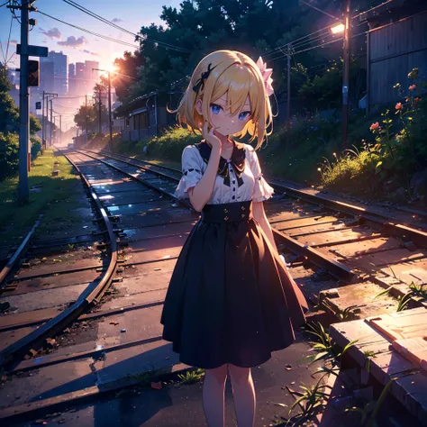 High-definition background, bright and beautiful atmosphere, 3 girls (2 years old, (1 short-tempered round face), (1 child)) (hair, surface effects), color effects), small breasts, blonde hair, abandoned railroad tracks Above, dusk, girl in a cute dress, s...