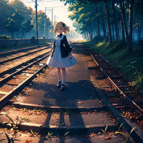 High-definition background, bright and beautiful atmosphere, 3 girls (2 years old, (1 short-tempered round face), (1 child)) (hair, surface effects), color effects), small breasts, blonde hair, abandoned railroad tracks Above, dusk, girl in a cute dress, s...