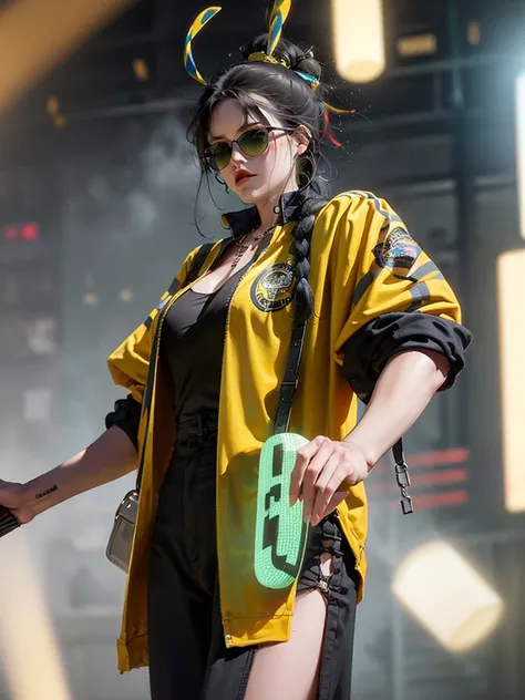 a woman wearing a black jumpsuit with glowing yellow-green lines, cyberpunk, heavy metal, mosh pit, (best quality, 4k, 8k, highres, masterpiece:1.2), live stage, glowing yellow-green lines on the outfit, large sunglasses, punky hairstyle, drummer