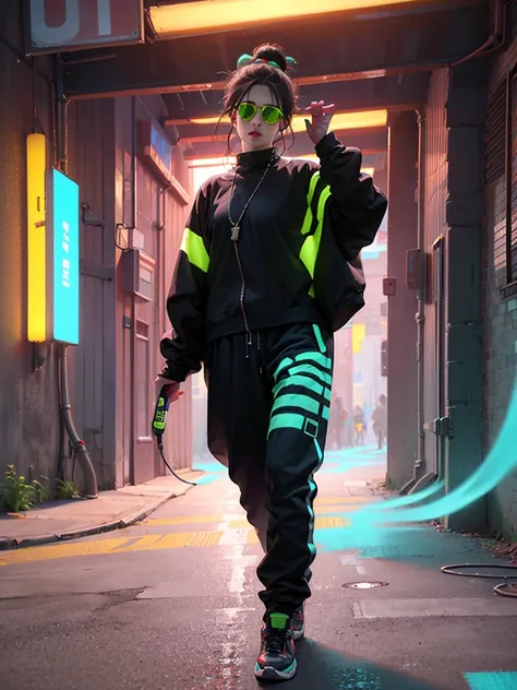 a woman wearing a black jumpsuit with glowing neon green lines, cyberpunk, hard rock metal, mosh pit, (best quality,4k,8k,highres,masterpiece:1.2),live stage, cyberpunk outfit with glowing neon green lines, large sunglasses, punk hairstyle