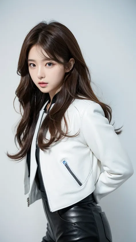 Kpop idol introduction picture. White background. Brown wavy hair, black and blue leather clothes