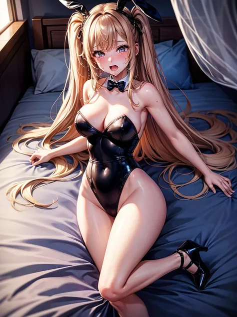 Highest quality,Highest Resolution,A sexy bunny girl opens her mouth wide and drools while shedding tears,Dark bedroom,whole body,High Leg,up,