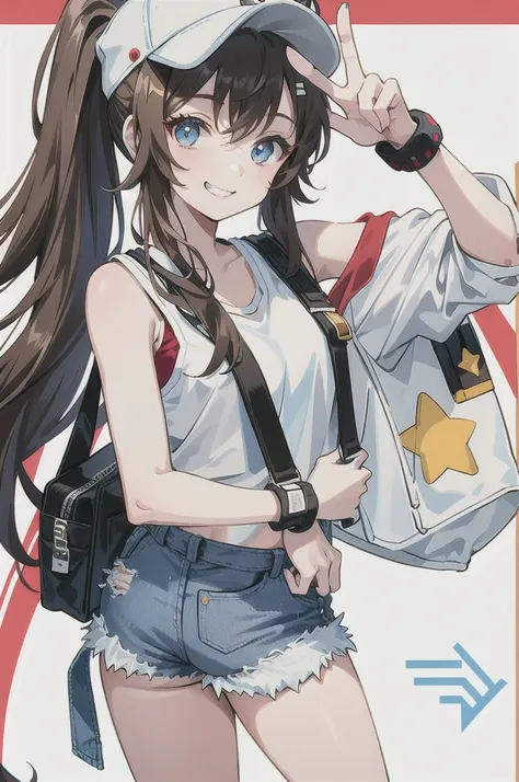 This character is a young girl with long brown hair tied in a high ponytail. She wears a white cap with a red symbol, a white tank top, a black sleeveless jacket, ripped denim shorts and black bracelets. She also has a gray shoulder bag. Her eyes are big a...