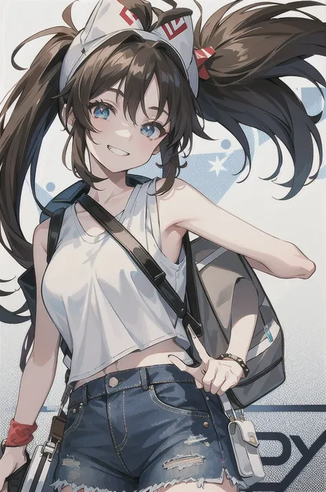 This character is a young girl with long brown hair tied in a high ponytail. She wears a white cap with a red symbol, a white tank top, a black sleeveless jacket, ripped denim shorts and black bracelets. She also has a gray shoulder bag. Her eyes are big a...