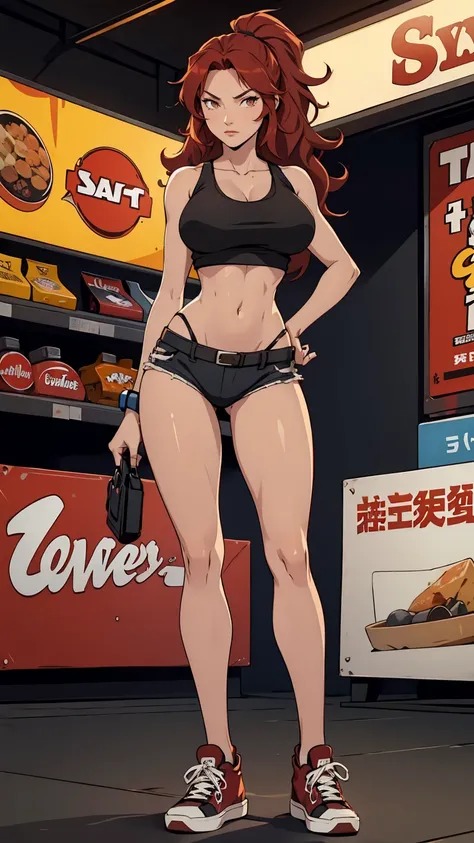 1 woman, 16 years old , wavy red hair, sly face , black tank top, black panties , abdomen , big breasts , Long legs , stand on your hips... , canvas shoes , convenience store