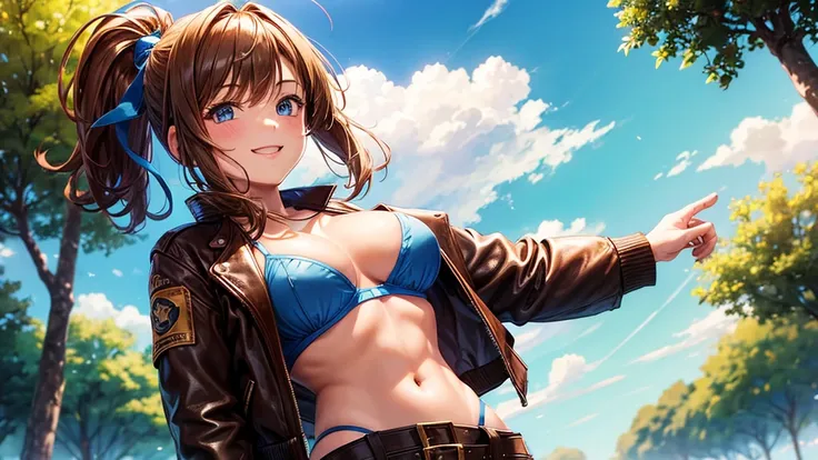 1girl, solo, summer, village, trees, sun, clouds, ((colorful hair)), ponytail, large full breasts, ((brown leather jacket)), brown leather shorts, ((blue bra)), nipples, blue eyes, skirt, smile, looking at the viewer, standing, hair ribbon, golden necklate