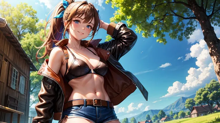 1girl, solo, summer, village, trees, sun, clouds, ((colorful hair)), ponytail, large full breasts, ((brown leather jacket)), brown leather shorts, ((blue bra)), nipples, blue eyes, skirt, smile, looking at the viewer, standing, hair ribbon, golden necklate