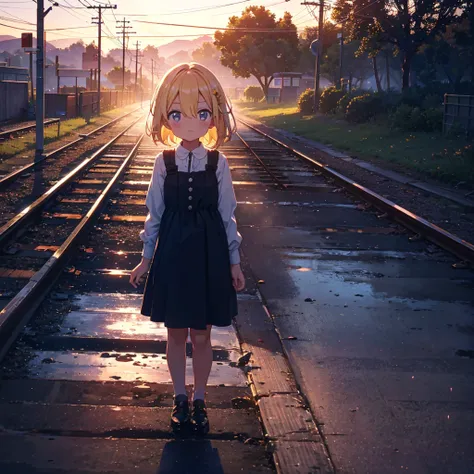 High-definition background, bright and beautiful atmosphere, 3 girls (2 years old, (1 short-tempered round face), (1 child)) (hair, surface effects), color effects), small breasts, blonde hair, abandoned railroad tracks Above, dusk, a girl wearing a cute d...