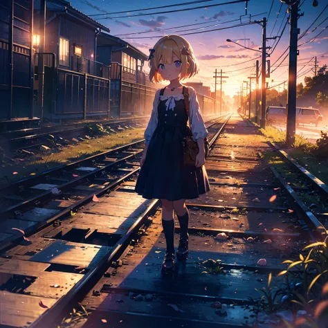 High-definition background, bright and beautiful atmosphere, 3 girls (2 years old, (1 short-tempered round face), (1 child)) (hair, surface effects), color effects), small breasts, blonde hair, abandoned railroad tracks Above, dusk, a girl wearing a cute d...