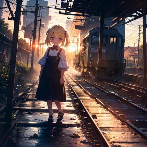 High-definition background, bright and beautiful atmosphere, 3 girls (2 years old, (1 short-tempered round face), (1 child)) (hair, surface effects), color effects), small breasts, blonde hair, abandoned railroad tracks Above, dusk, a girl wearing a cute d...