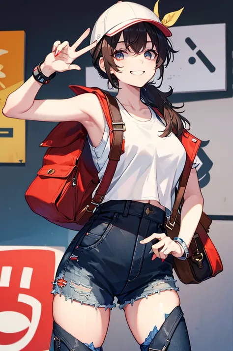 This character is a young girl with long brown hair tied in a high ponytail. She wears a white cap with a red symbol, a white tank top, a black sleeveless jacket, ripped denim shorts and black bracelets. She also has a gray shoulder bag. Her eyes are big a...