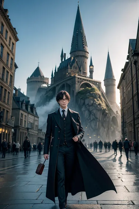 I want the persona in Harry Potter body in a city of the future 