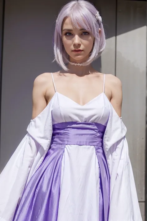 Woman in purple white dress, purple eyes and white hair 