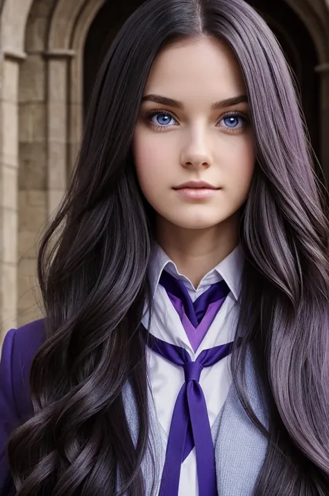 A white-skinned girl, dark hair that is long and voluminous, and that your eyes are lilac, and have the blue hogwarts uniform 