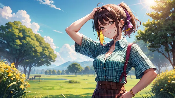 1girl, solo, summer, village, trees, sun, clouds, ((colorful hair)), ponytail, large full breasts, button down shirt, ((grass green checked shirt)), ((short sleeved shirt)), ((unbuttoned shirt)), unbuttoning buttons, cleavage 1:3, brown eyes, skirt, smile,...