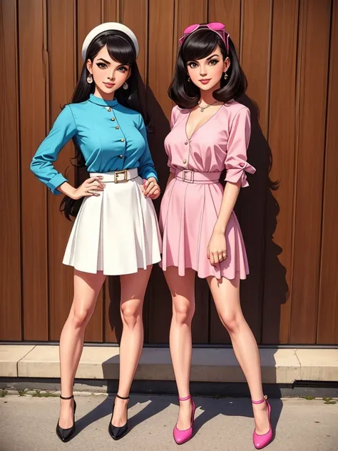 two fashionable young women posing for a picture, retro 60s girls fashion