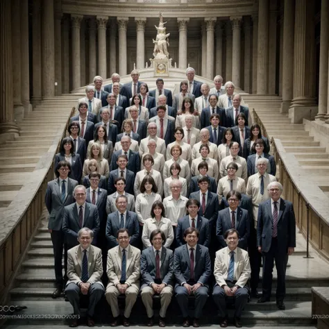 Photograph of 20 engineers from the 70s posing for a group photo in the Vatican 