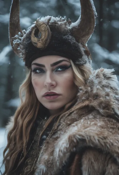 A extreme close up shot of rude viking warrior woman near dead bodies, outside, in the forest, wearing warrior clothes, in the style of subtle, frozen tones,war paint aesthetic, rude motifs, i cant believe how strong and eautiful this is, snow.