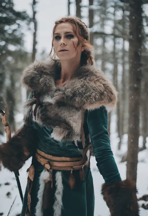 A extreme close up shot of rude viking warrior woman near dead bodies, outside, in the forest, wearing warrior clothes, in the style of subtle, frozen tones,war paint aesthetic, rude motifs, i cant believe how strong and eautiful this is, snow.