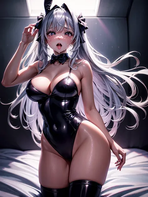 Highest quality,Highest Resolution,A sexy bunny girl opens her mouth wide and drools while shedding tears,Dark bedroom,whole body,High Leg,up,