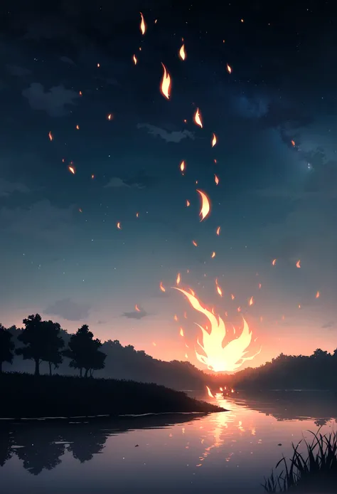 In the night sky, only the man&#39;s head is on fire and flying over the river.。The flame is flickering。Set the background to a tranquil rural landscape with a dark night sky。