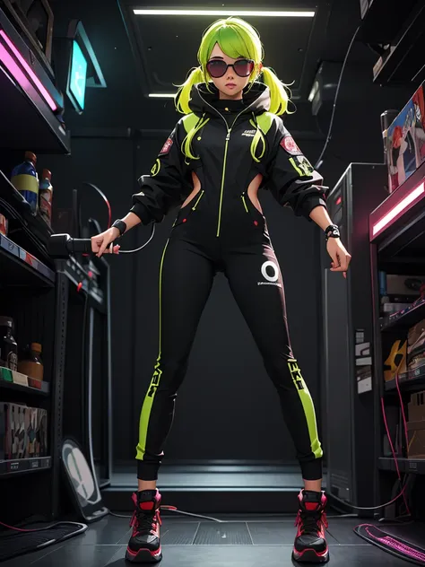 Black workwear jumpsuit、Costume with glowing yellow-green linesを着た女性, cyber punk, Punk Rock, Mosh Pit, (Highest quality,4K,8K,High resolution,masterpiece:1.2),Live Stage、Costume with glowing yellow-green lines、Large sunglasses,Punkish hairstyle、Full body p...