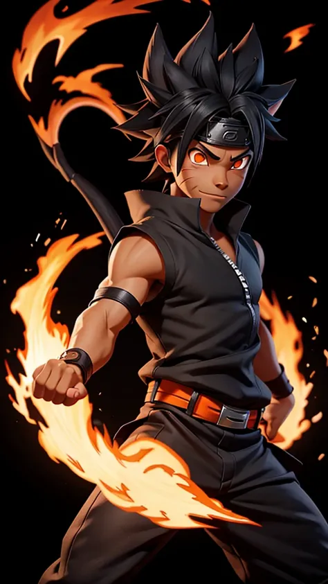 dark skin Naruto,1boy, black_background, fire, 9 fox tails,