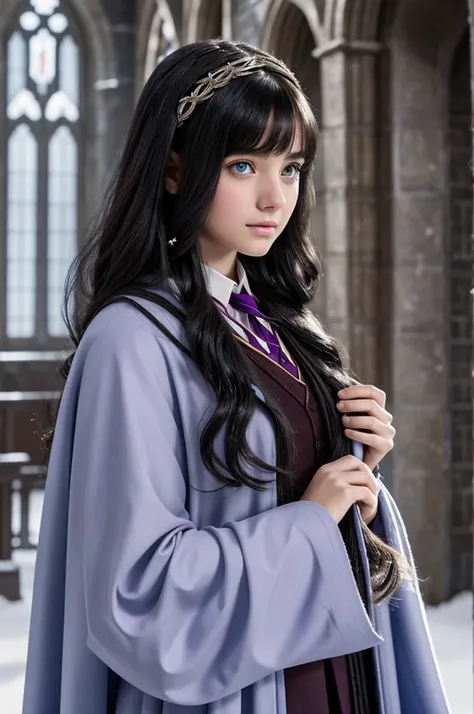 A girl with skin white as snow , dark hair and that it is long and voluminous and that the girl is very beautiful , and that your eyes are lilac, and have the Harry Potter Hogwarts uniform but Ravenclaw