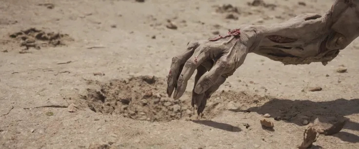 zombie hands raising from the ground, dry desert, detailed zombie hands, 