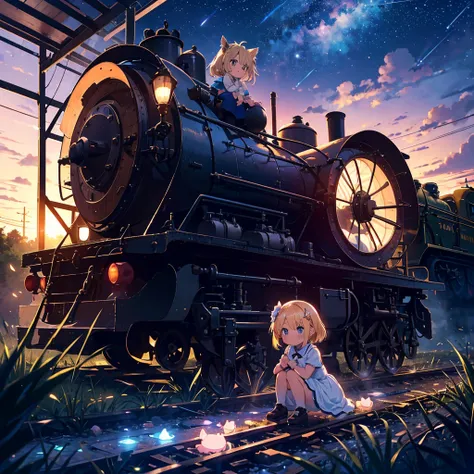 High-definition background, bright and beautiful atmosphere, 3 girls (2 years old, (1 short-tempered round face), (1 child)) (hair, surface effects), color effects), small breasts, blonde hair, abandoned railroad tracks Above, midnight, very beautiful star...