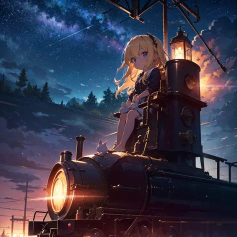 High-definition background, bright and beautiful atmosphere, 3 girls (2 years old, (1 short-tempered round face), (1 child)) (hair, surface effects), color effects), small breasts, blonde hair, abandoned railroad tracks Above, midnight, very beautiful star...