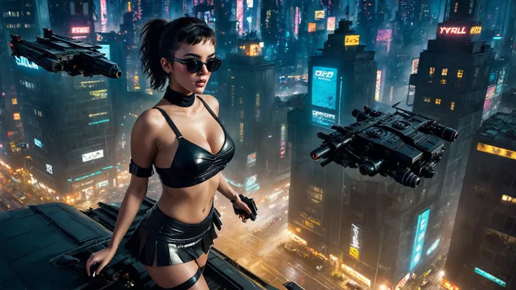 (((((aerial view))))), image of blade runner, tyrell corporation building, adjacent streets and ship tracks - (((((cars flying, drone))))), in a cyberpunk and futuristic environment, masterpiece, intricate details of the machine, 8k. Matrix style, (((((Mat...