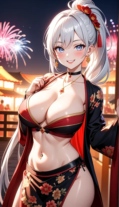 (One personの女性)), Beautiful Face, (Laughing embarrassedly), ((smirk)), ((Wink:1.8)),  Laugh with your mouth wide open,((Bright red cheeks:1.4)),Shiny red lips, night,rooftop,Festivals, firework,Glossy pink lips,Facial lighting,((Anime style background)),ma...