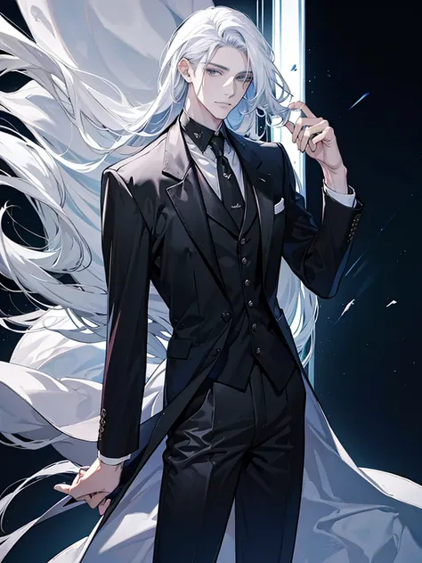 A man full of dignity, handsome, rich, wearing a black suit and white hair.