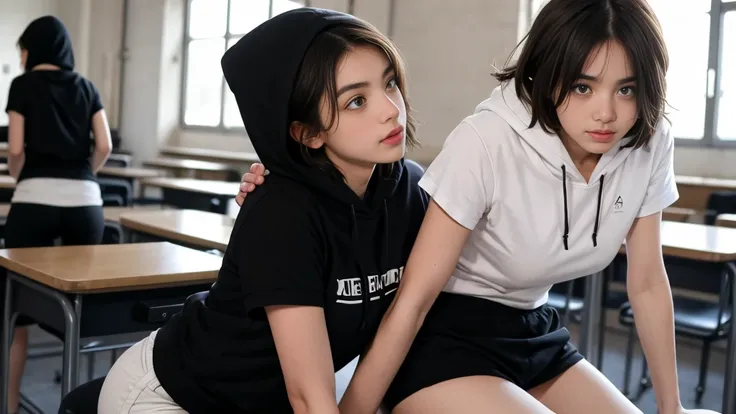 deux femmes ensemble de 18 ans sexy et mince , black short sleeve hoodie , salle de classe, se touche,position sey,sensuel