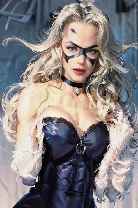 straight,Upper part of the body,looking at a spectator, BREAK, cartoonish_felicia_long haired black cat,white hair,lipstick,Blue eyes,make up,lips,big breasts,clavicle,red-lips,claws,extra long hair, face mask,mono,domino face mask,gloves,choker,white glov...