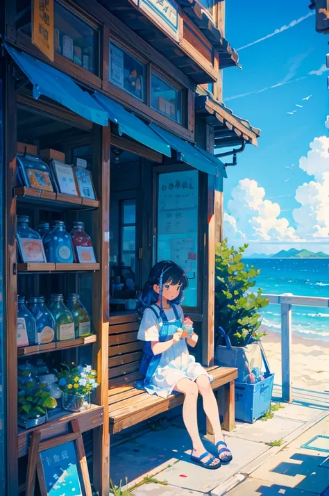 A serene seaside candy store with a clear view of the ocean. A young girl is sitting on a wooden bench outside the store, holding a beautiful blue ramune bottle. She has a joyful expression, her hair gently flowing in the sea breeze. The store is quaint, w...