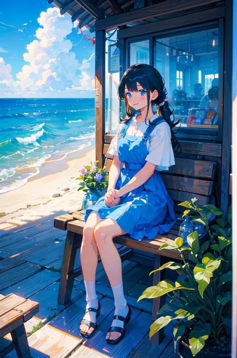 A serene seaside candy store with a clear view of the ocean. A young girl is sitting on a wooden bench outside the store, holding a beautiful blue ramune bottle. She has a joyful expression, her hair gently flowing in the sea breeze. The store is quaint, w...